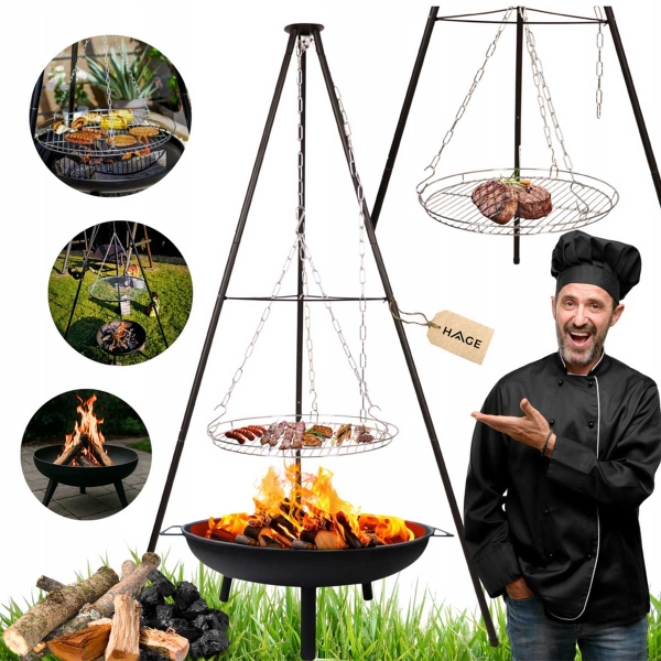 ZESTAW PALENISKO OGRODOWE MILANO 60cm TRÓJNÓG Z RUSZTEM DO GRILLA 50cm