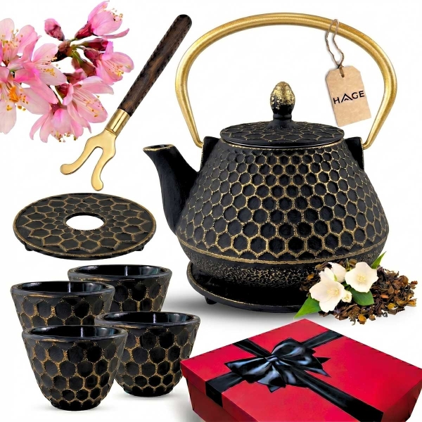 ZAPARZACZ ŻELIWNY DZBANEK ZŁOTY 900ml Z FILTREM i FILIŻANKAMI PREZENT (1)