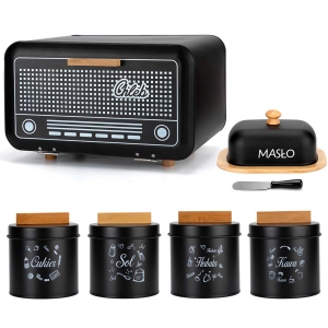 CHLEBAK RETRO RADIO Z MASELNICZKĄ I POJEMNIKAMI E-6337 CZARNY