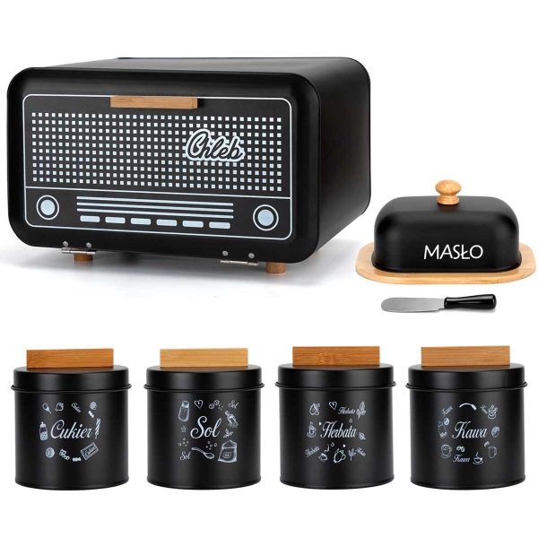 CHLEBAK RETRO RADIO Z MASELNICZKĄ I POJEMNIKAMI E-6337 CZARNY